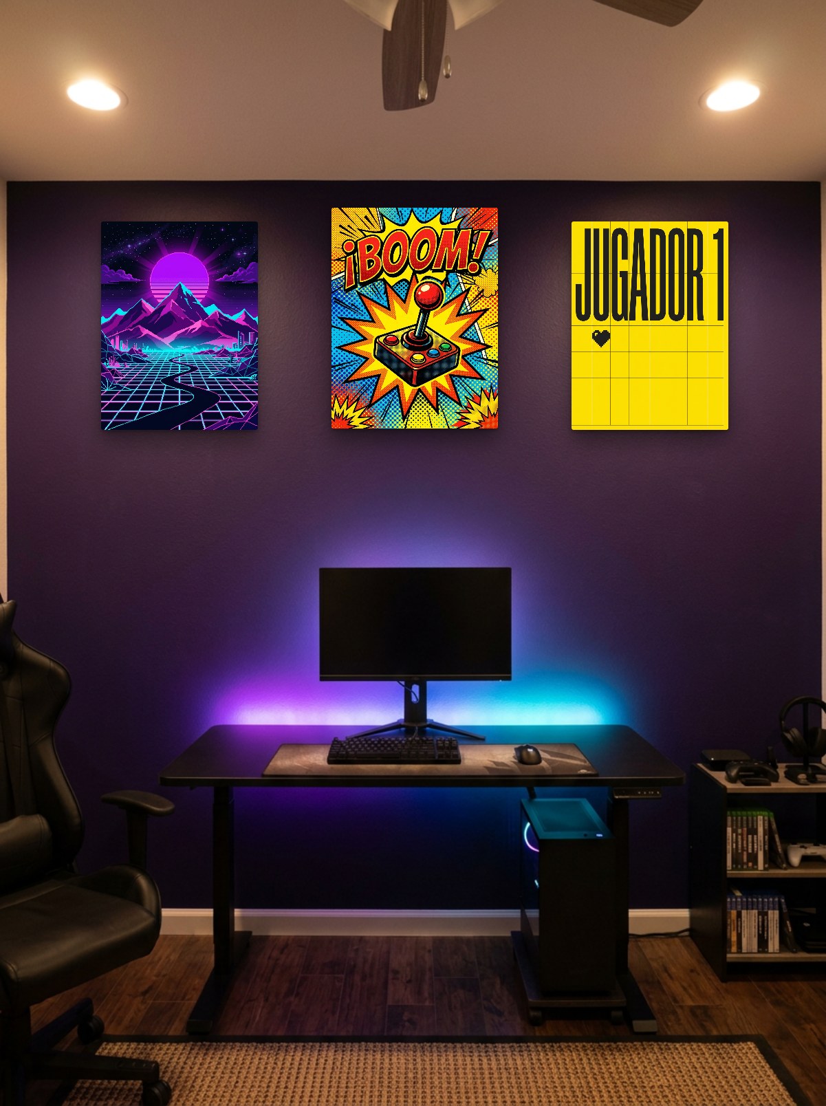 Pared de un cuarto gamer decorada con cuadros del pack